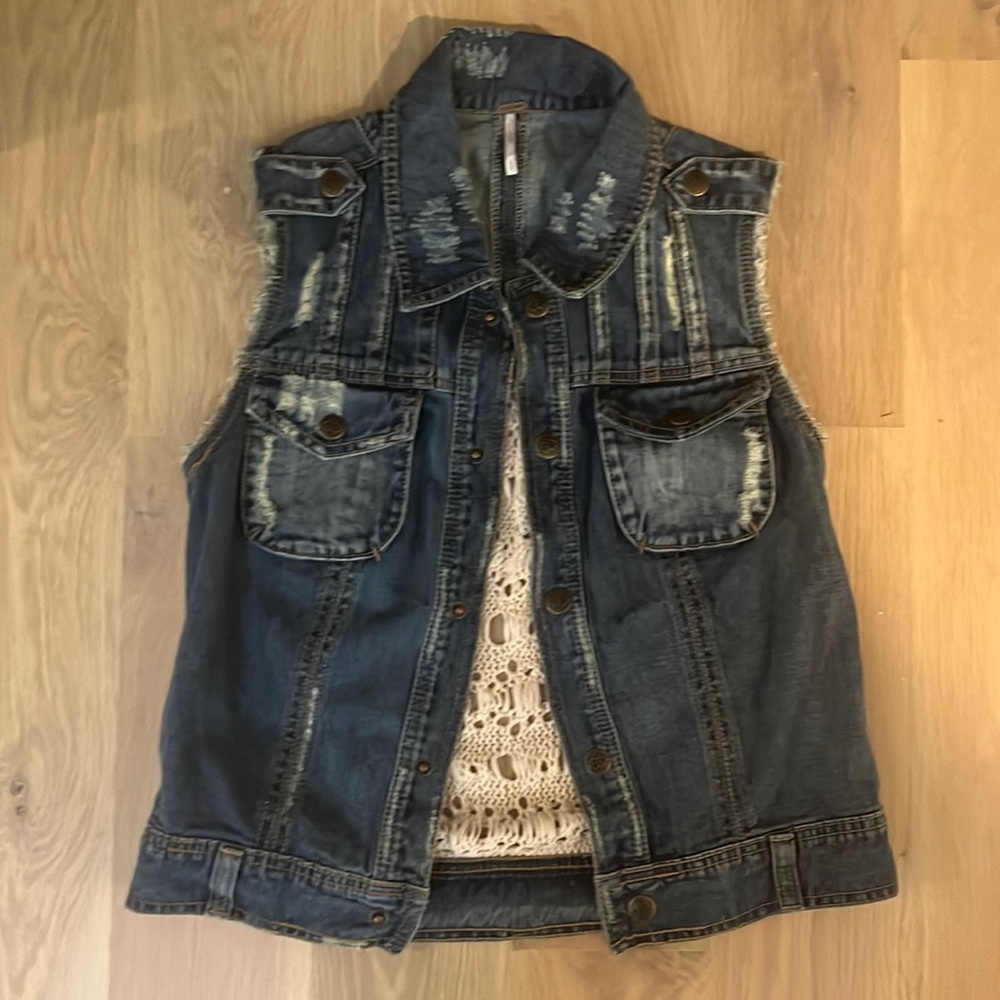 Free People size S distressed denim vest with cream woven back vguc